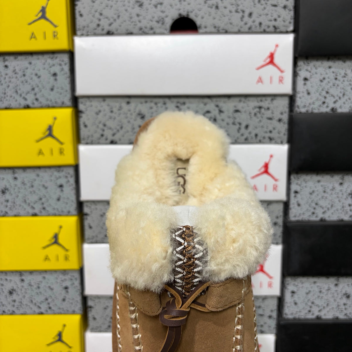 UGG Chestnut Platform Slippers with Cream Plush Collar