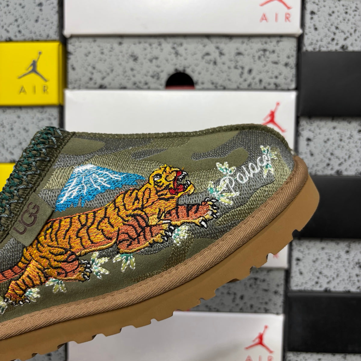 UGG Olive Green Slip-On Shoes with Dragon & Tiger Embroidery