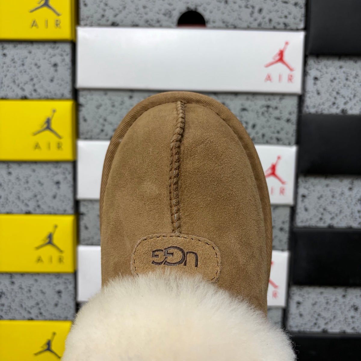 UGG Chestnut Slippers with Cream Plush Collar and Notched Sole