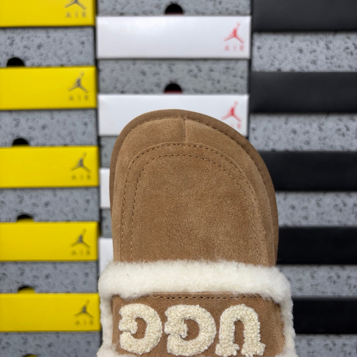 UGG Chestnut Slippers with Cream Plush Trim and Embroidered Logo