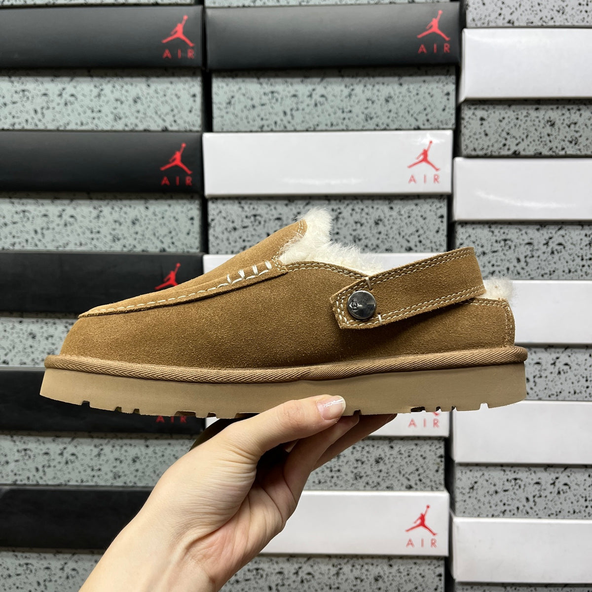 UGG Chestnut Buckle-Strap Clogs with Cream Plush Lining