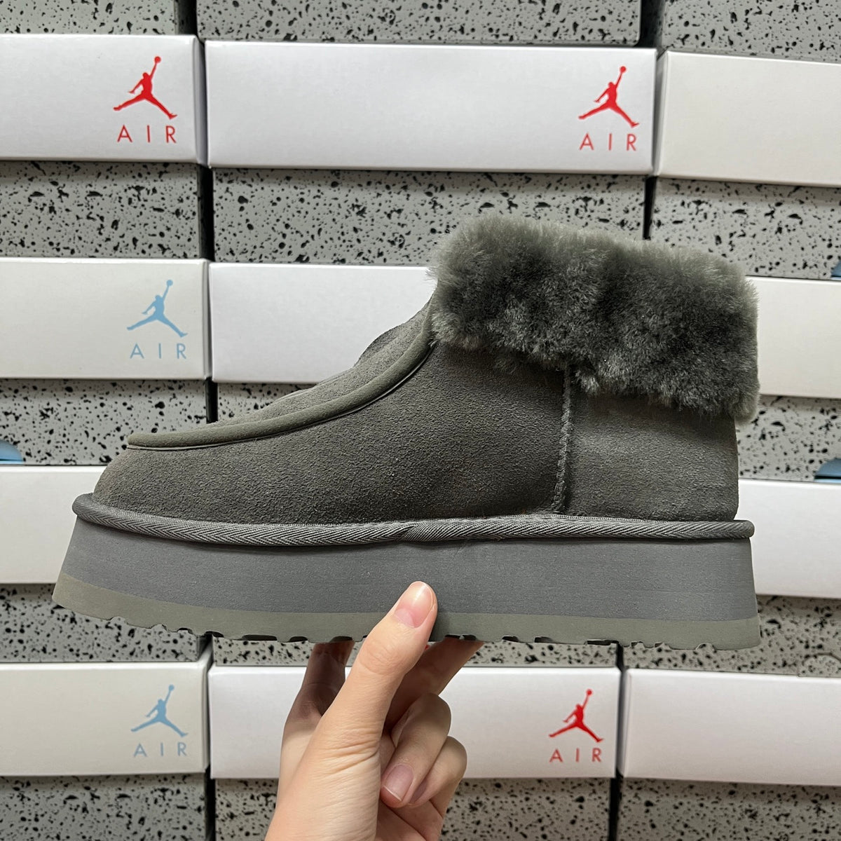 UGG Grey Platform Ankle Boots with Plush Collar