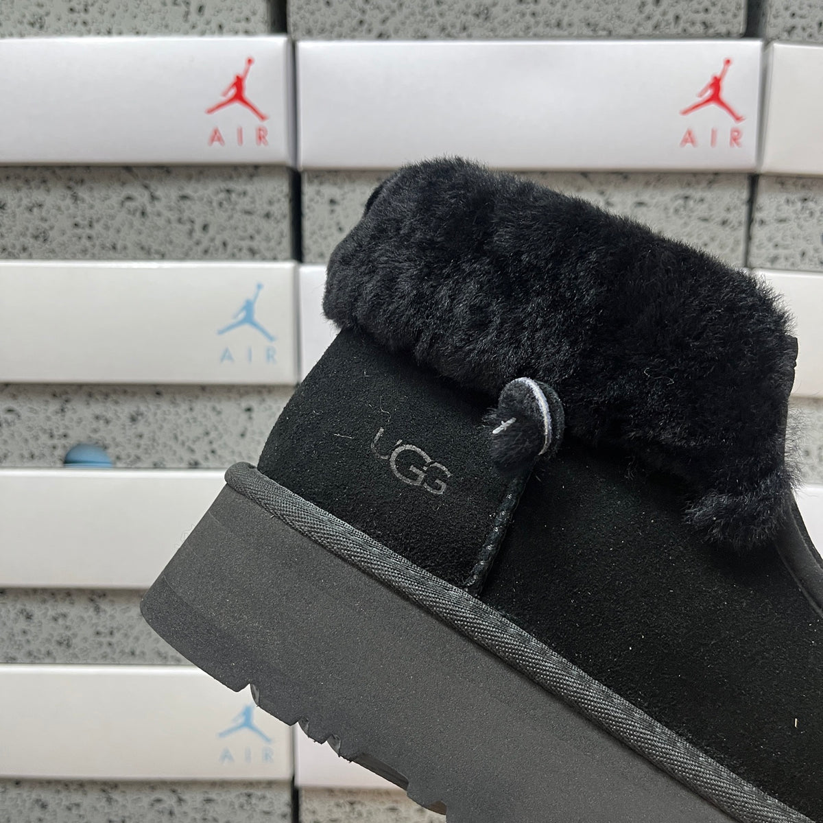 UGG Black Platform Ankle Boots with Plush Collar