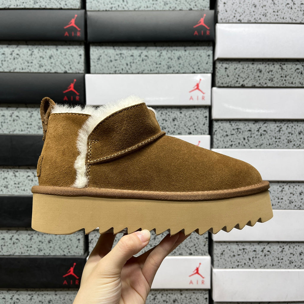 UGG Chestnut Platform Ankle Boots with Cream Plush Trim