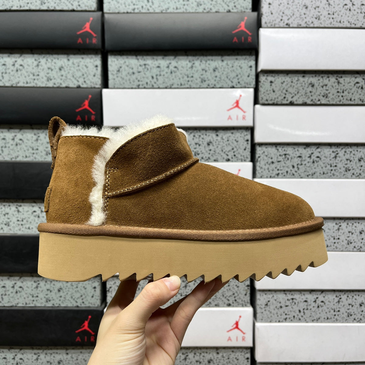 UGG Chestnut Platform Ankle Boots with Cream Plush Trim