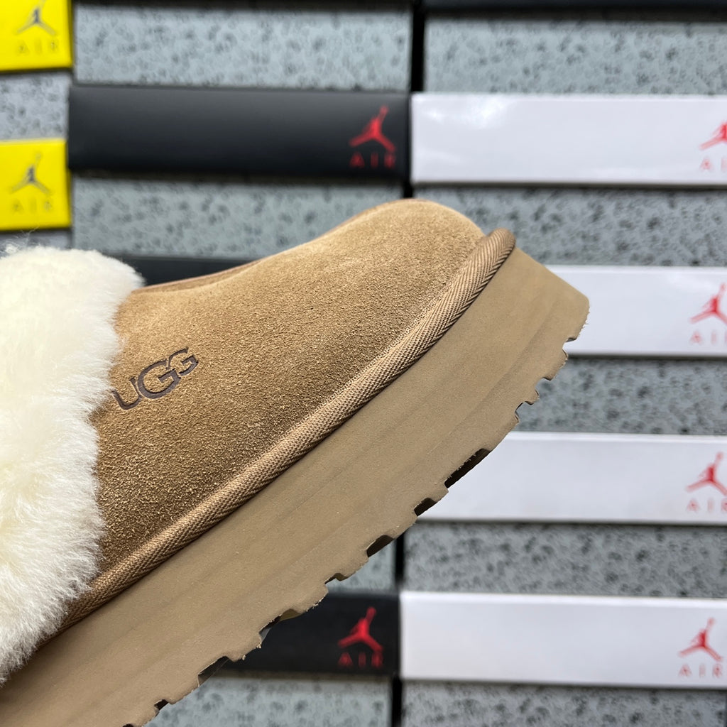 UGG Chestnut Platform Slippers with Cream Plush Collar