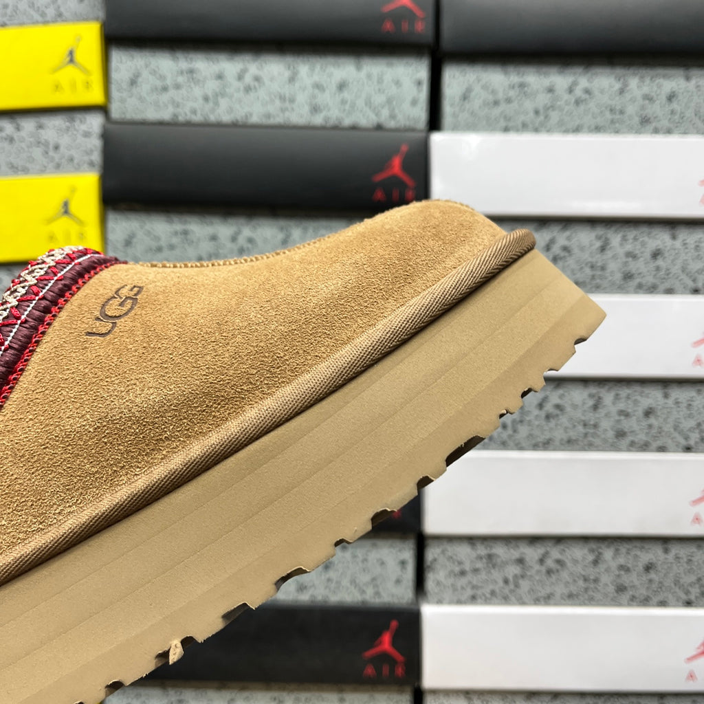 UGG Chestnut Platform Slip-On Shoes with Red Woven Trim
