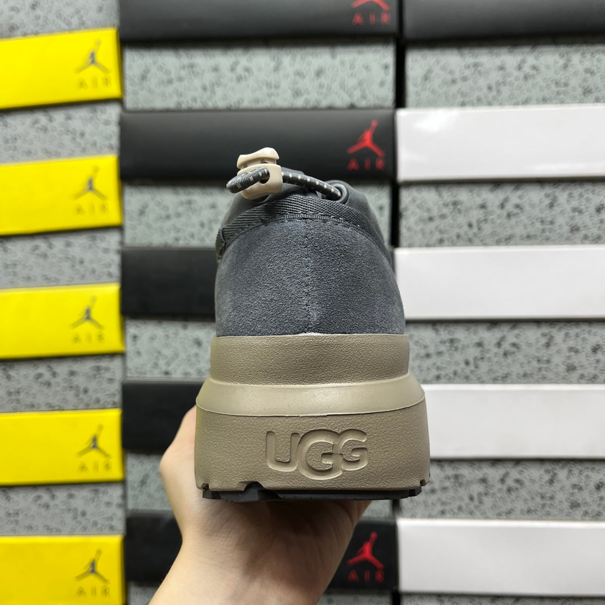UGG Asphalt Grey Drawstring Slip-On Shoes with Taupe Chunky Sole