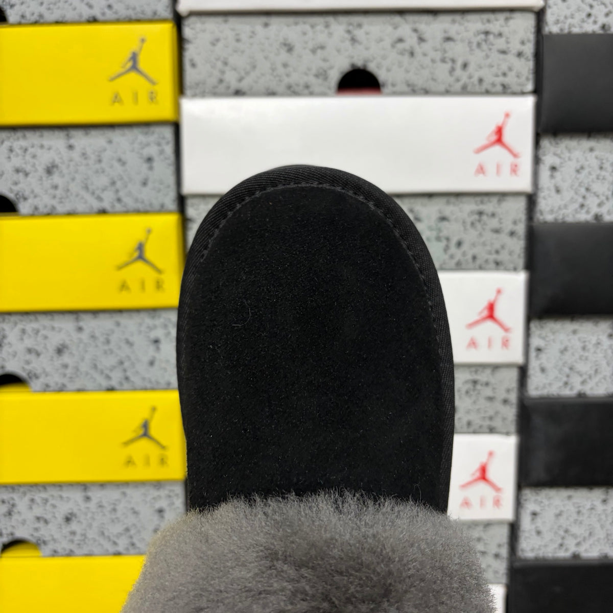 UGG Black Platform Slip-On Shoes with Grey Plush Collar