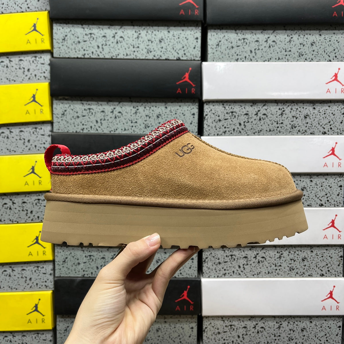 UGG Chestnut Platform Slip-On Shoes with Red Woven Trim