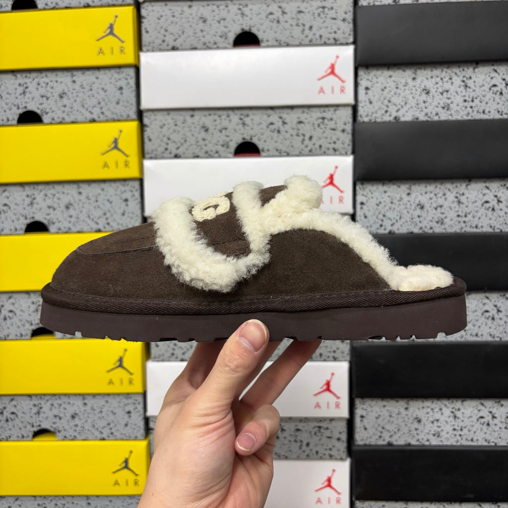 UGG Chocolate Brown Slippers with Cream Plush Trim and Embroidered Logo