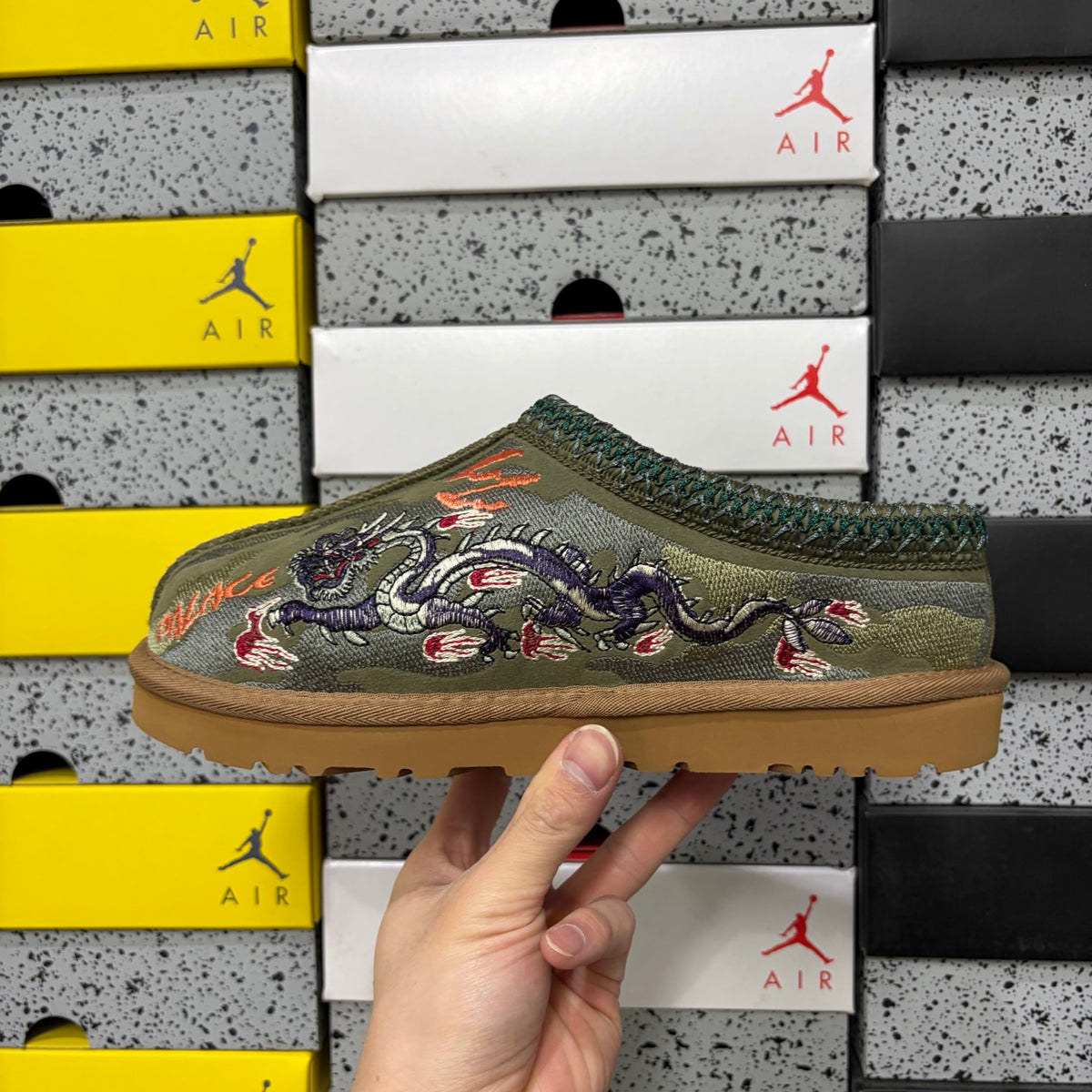 UGG Olive Green Slip-On Shoes with Dragon & Tiger Embroidery