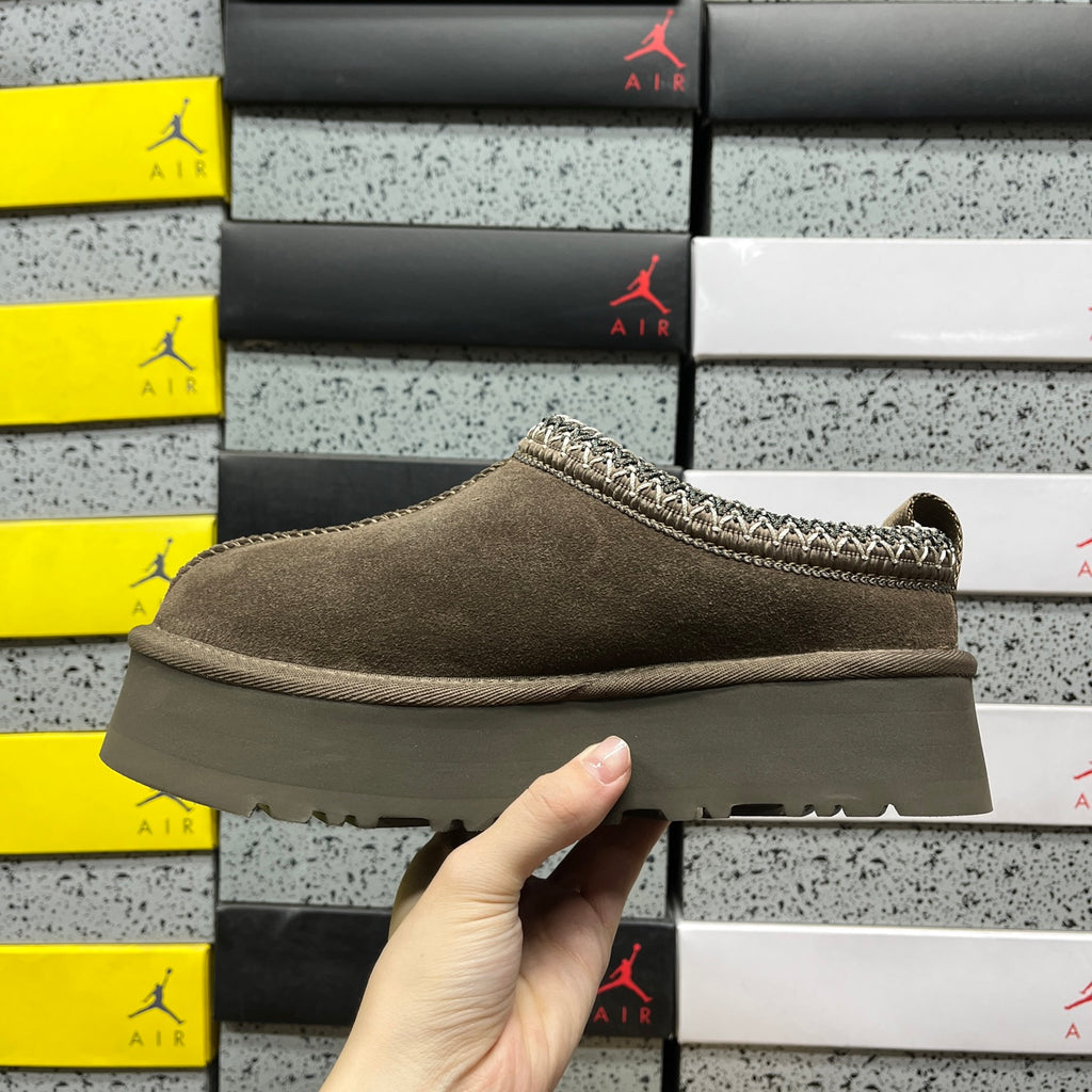 UGG Walnut Brown Platform Slip-On Shoes with Woven Trim