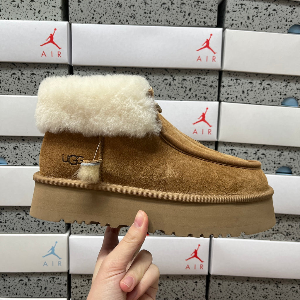 UGG Chestnut Platform Ankle Boots with Cream Plush Collar