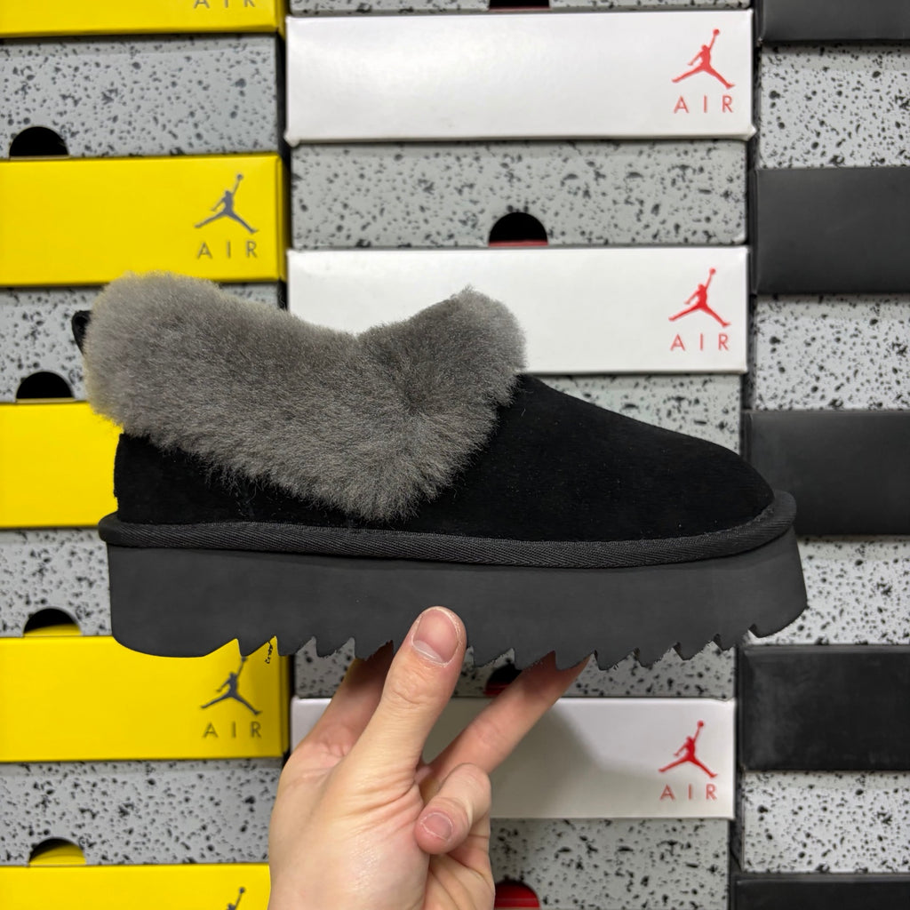 UGG Black Platform Slip-On Shoes with Grey Plush Collar