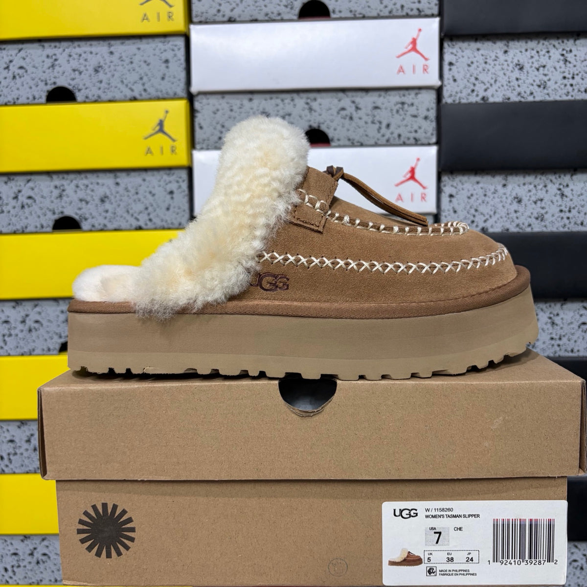 UGG Chestnut Platform Slippers with Cream Plush Collar