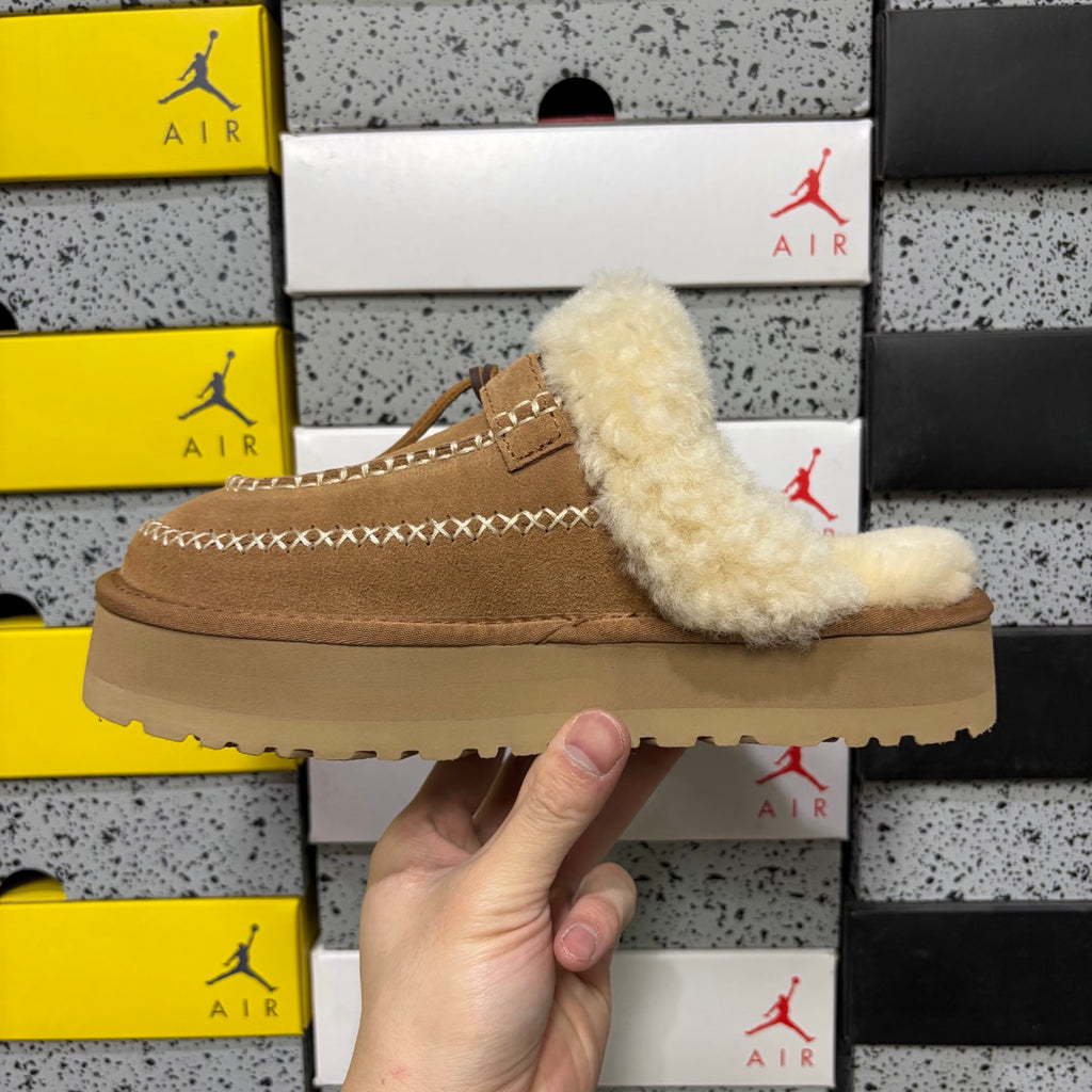 UGG Chestnut Platform Slippers with Cream Plush Collar