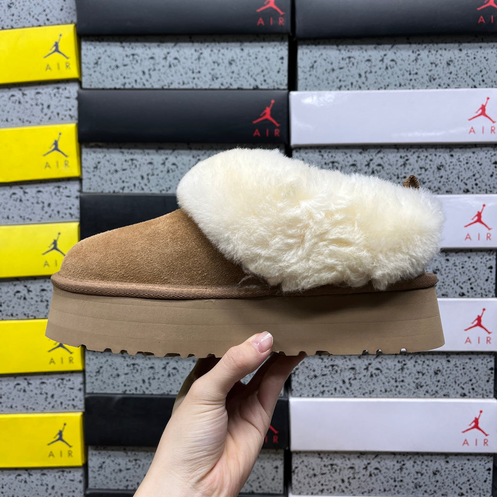 UGG Chestnut Platform Slip-On Shoes with Cream Plush Foldover Collar