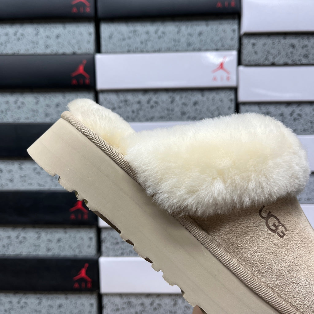 UGG Sand Beige Platform Slippers with Cream Plush Collar