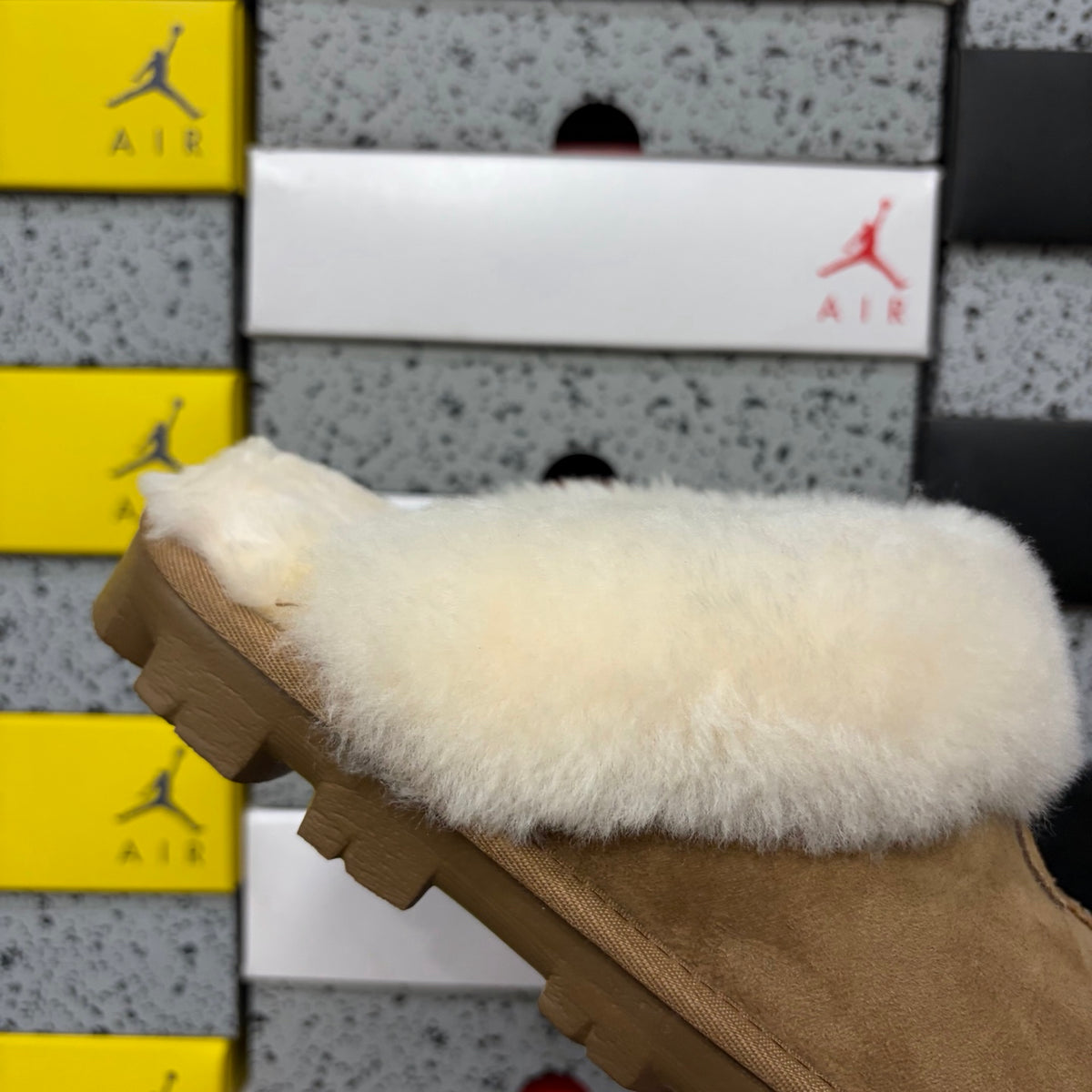 UGG Chestnut Slippers with Cream Plush Collar and Notched Sole
