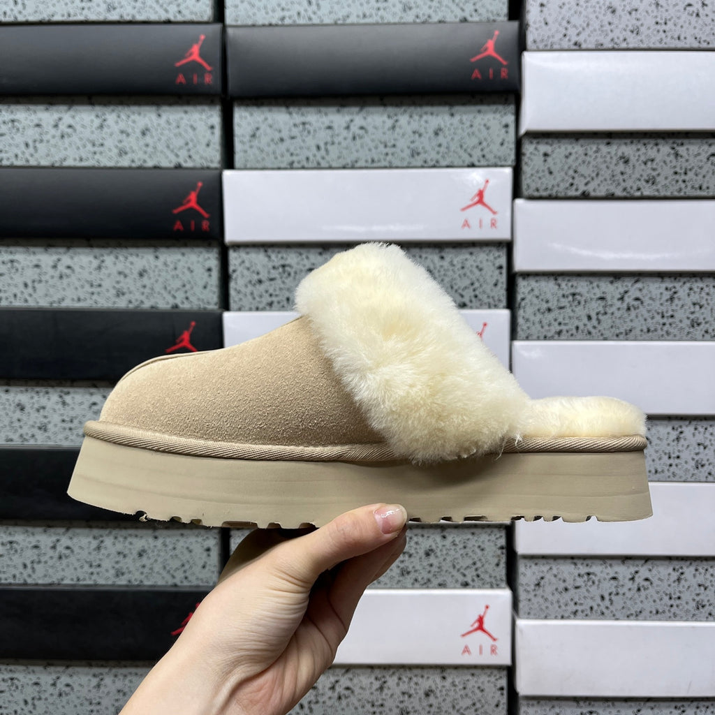 UGG Sand Beige Platform Slippers with Cream Plush Collar