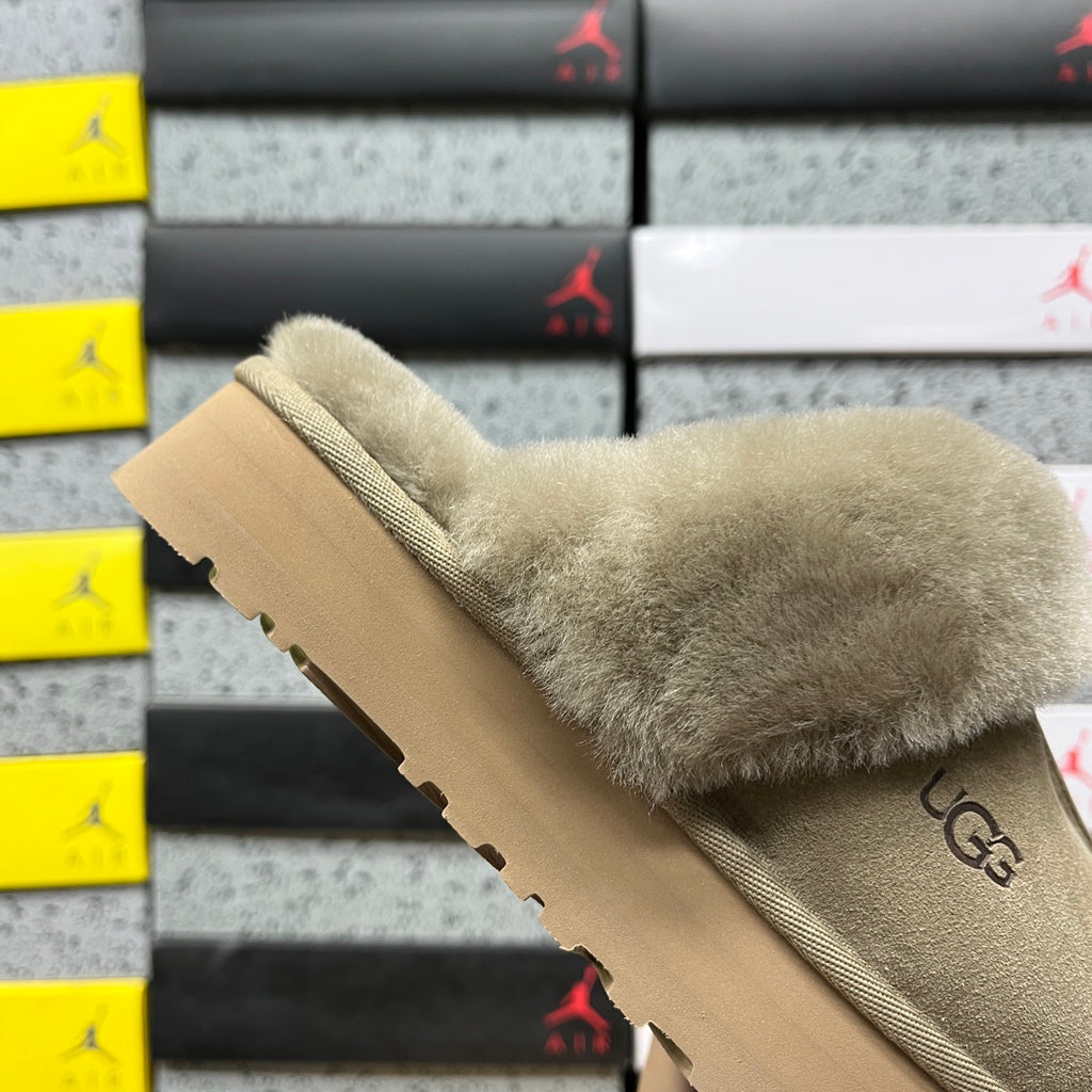 UGG Antelope Brown Platform Slippers with Plush Collar