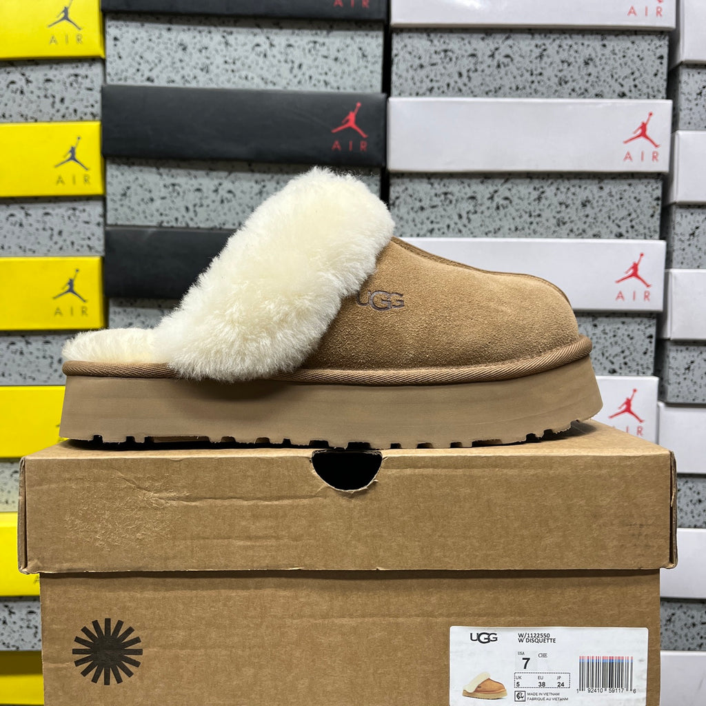 UGG Chestnut Platform Slippers with Cream Plush Collar