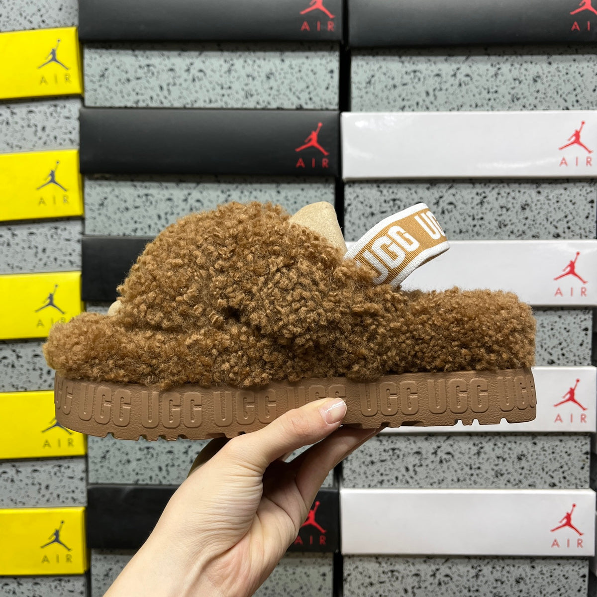 UGG Chestnut Plush Cross-Strap Platform Sandals with Logo Heel Strap