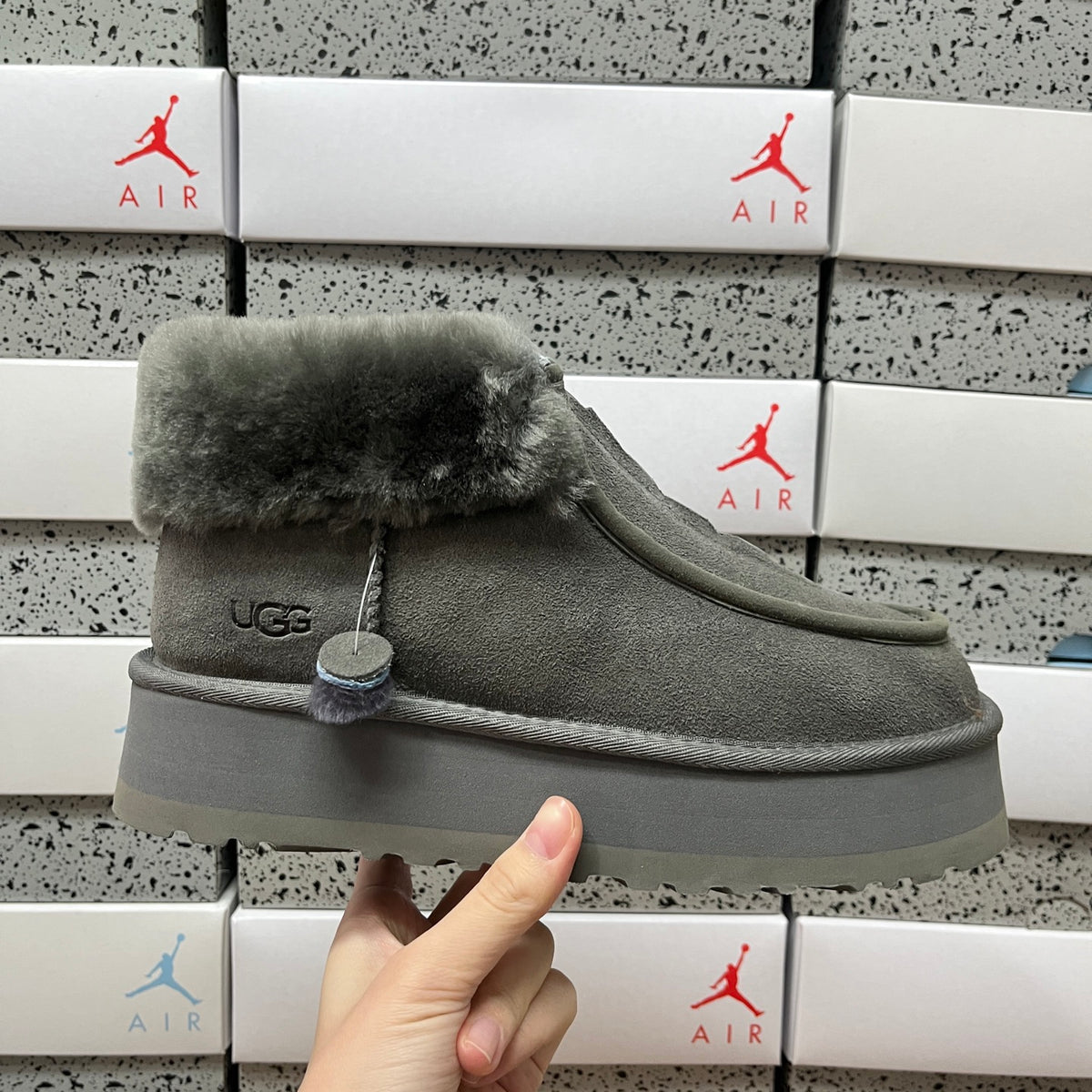 UGG Grey Platform Ankle Boots with Plush Collar