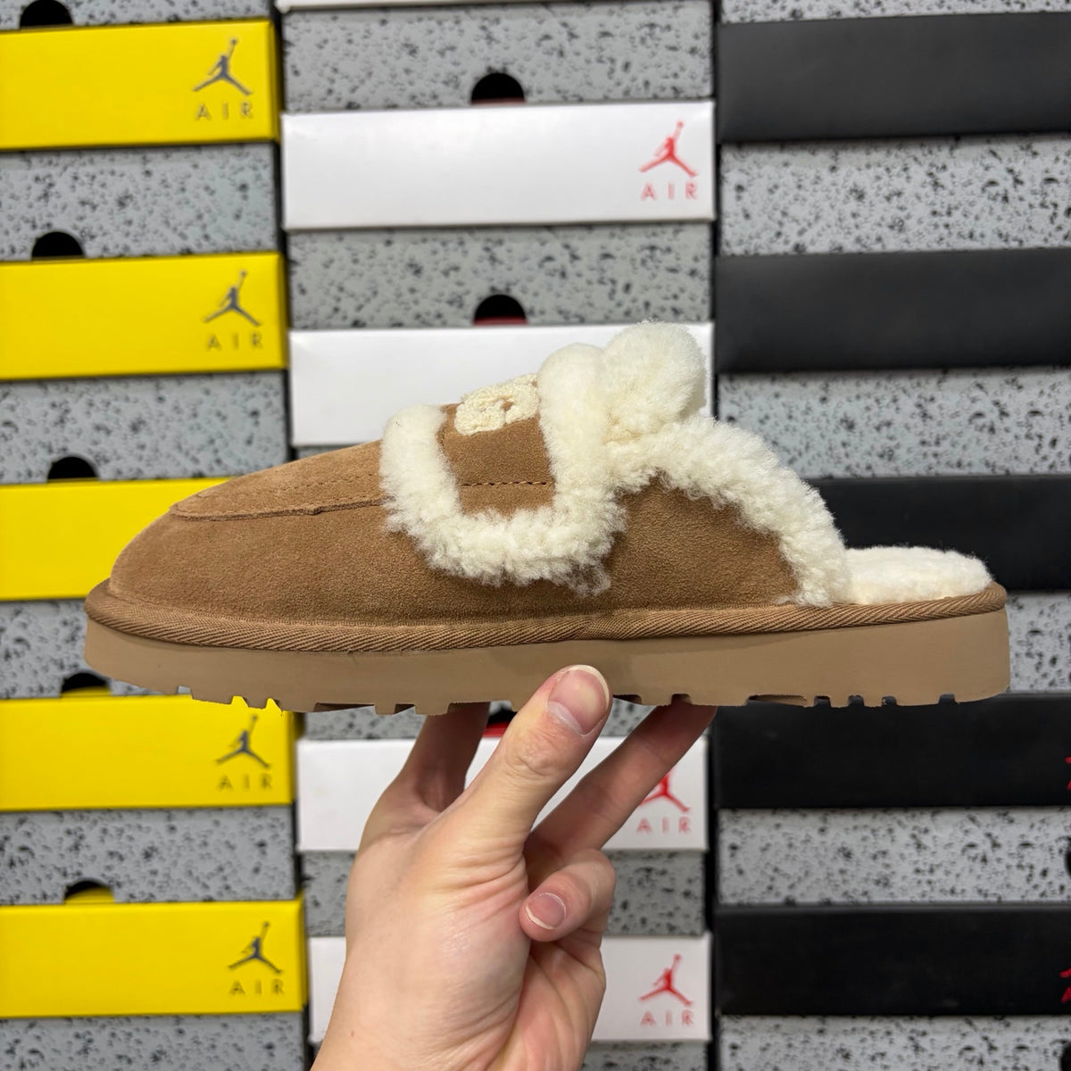 UGG Chestnut Slippers with Cream Plush Trim and Embroidered Logo