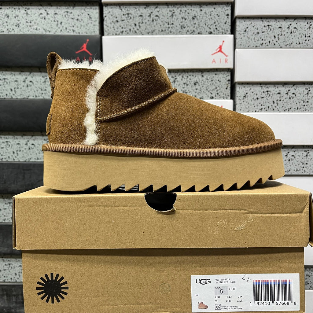 UGG Chestnut Platform Ankle Boots with Cream Plush Trim