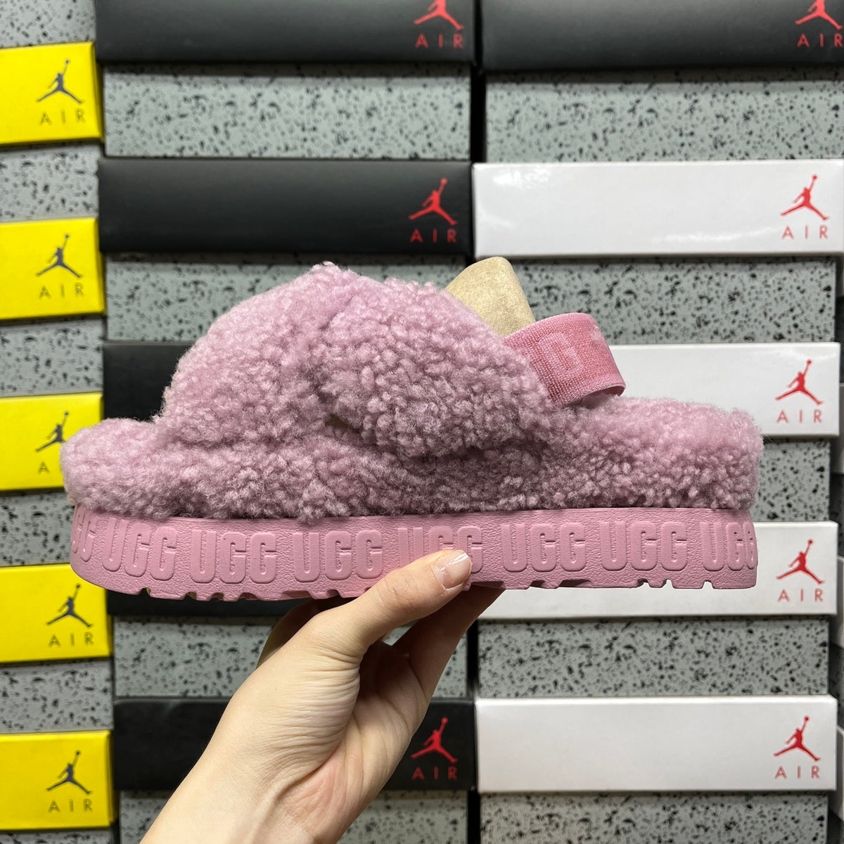 UGG Mauve Plush Cross-Strap Platform Sandals with Heel Strap