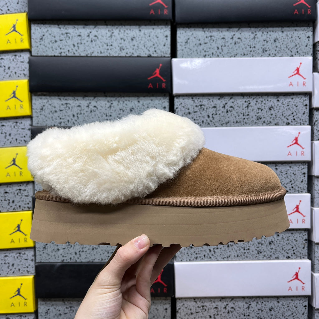 UGG Chestnut Platform Slip-On Shoes with Cream Plush Foldover Collar