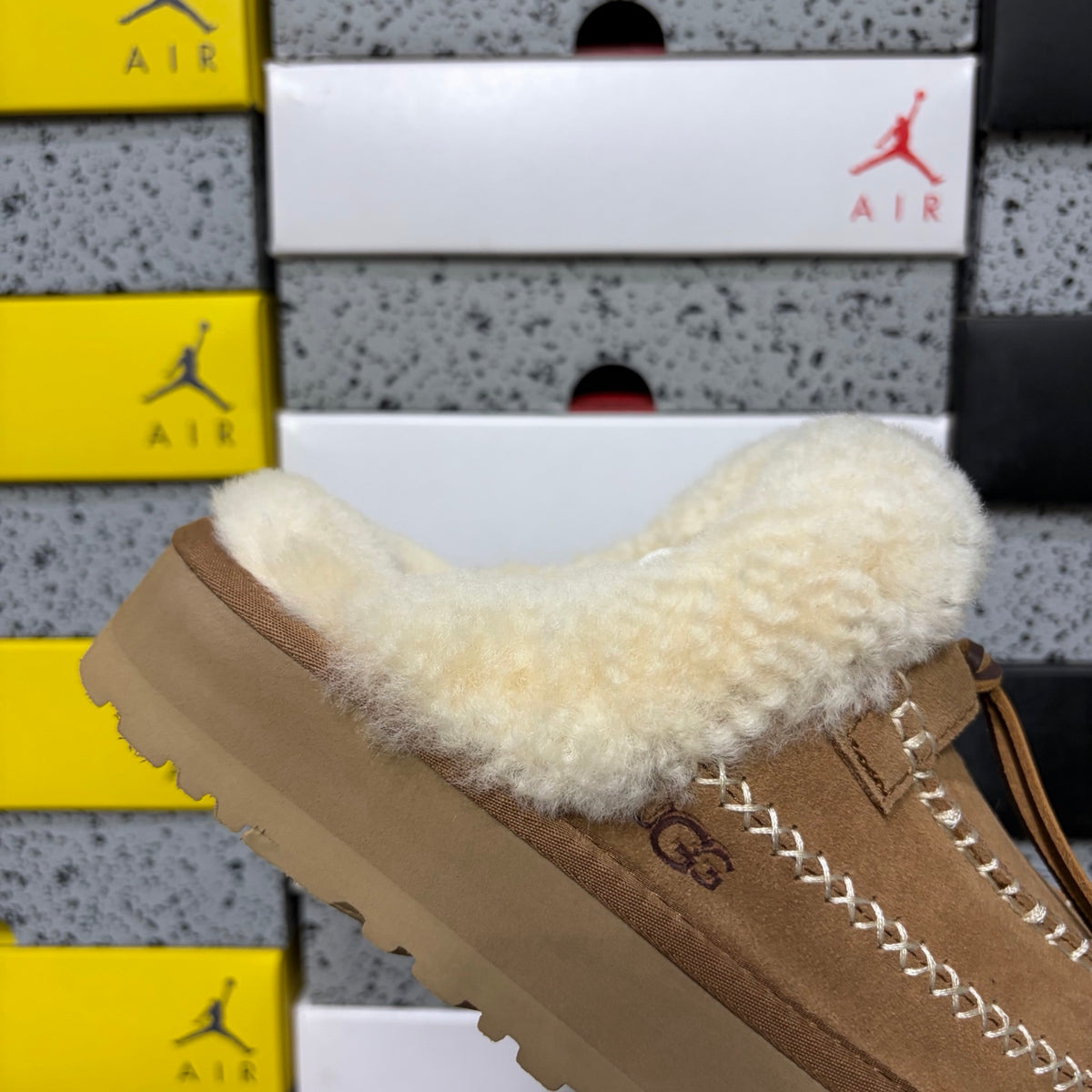 UGG Chestnut Platform Slippers with Cream Plush Collar