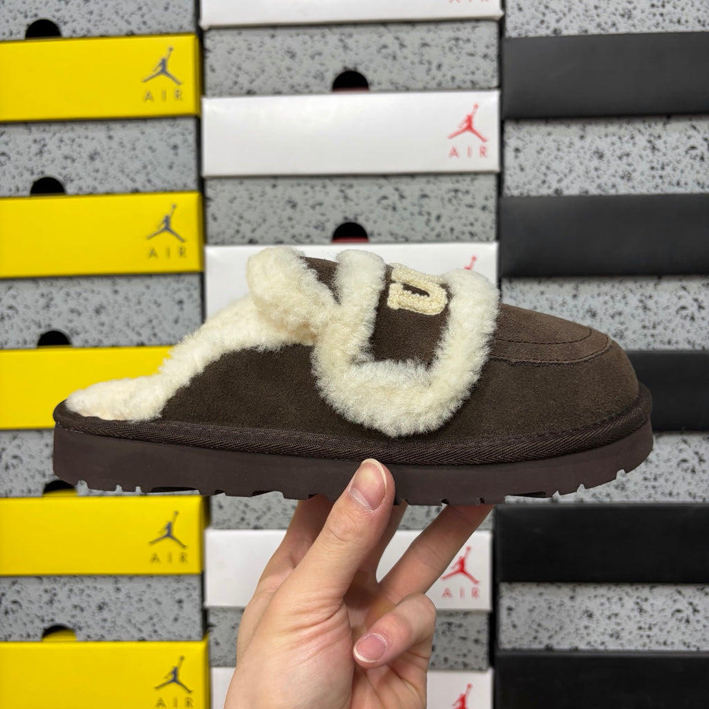 UGG Chocolate Brown Slippers with Cream Plush Trim and Embroidered Logo