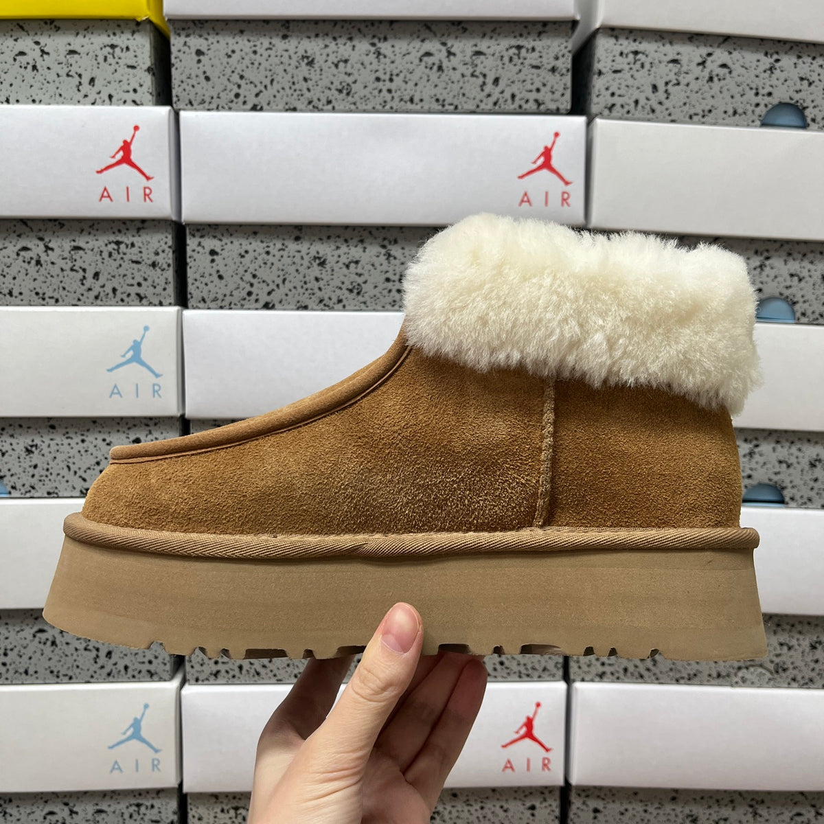 UGG Chestnut Platform Ankle Boots with Cream Plush Collar