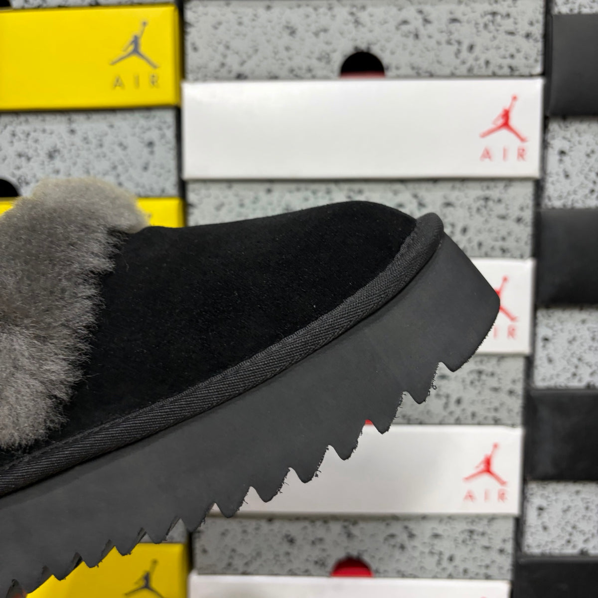 UGG Black Platform Slip-On Shoes with Grey Plush Collar