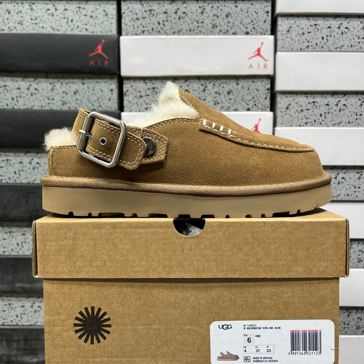 UGG Chestnut Buckle-Strap Clogs with Cream Plush Lining