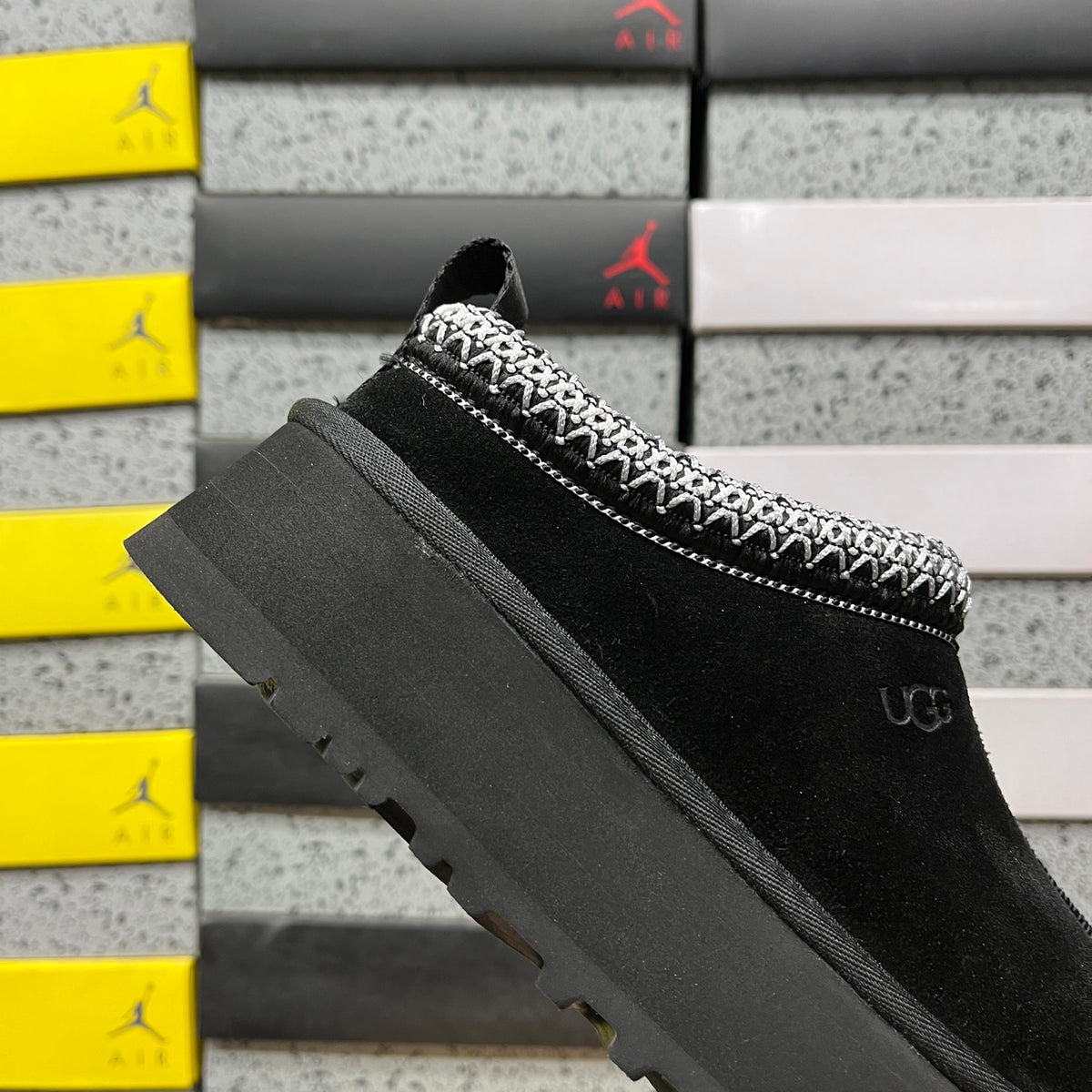 UGG Black Platform Slip-On Shoes with Contrast Woven Trim