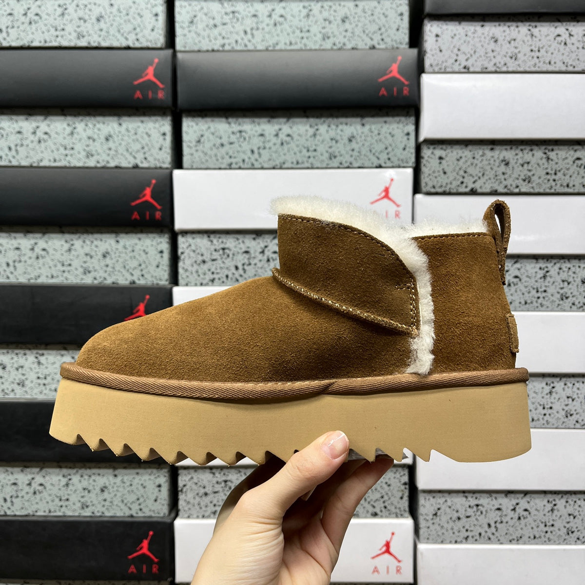 UGG Chestnut Platform Ankle Boots with Cream Plush Trim