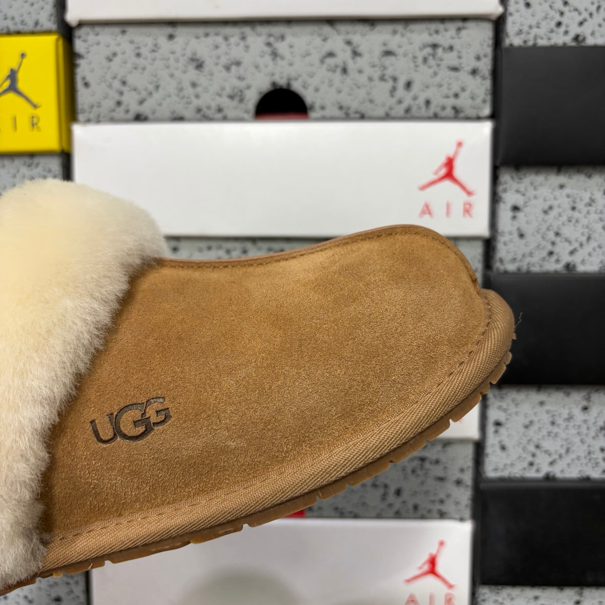 UGG Chestnut Slippers with Cream Plush Collar