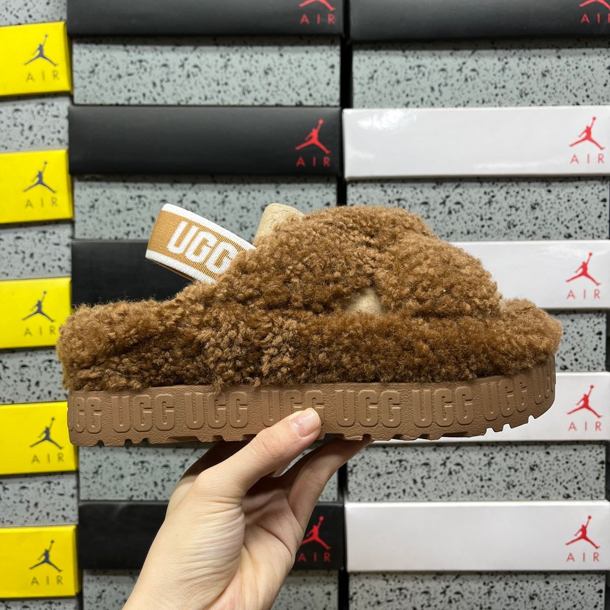 UGG Chestnut Plush Cross-Strap Platform Sandals with Logo Heel Strap