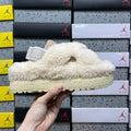 UGG Cream Plush Cross-Strap Platform Sandals with Logo Heel Strap