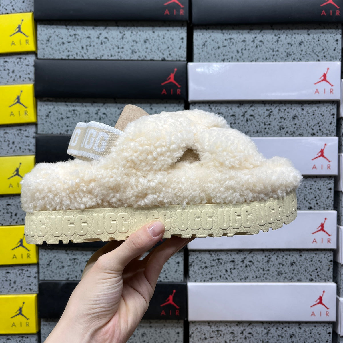 UGG Cream Plush Cross-Strap Platform Sandals with Logo Heel Strap