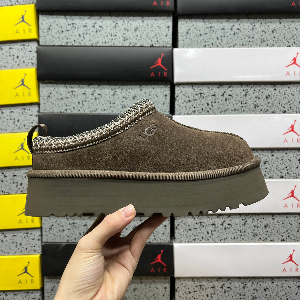 UGG Walnut Brown Platform Slip-On Shoes with Woven Trim