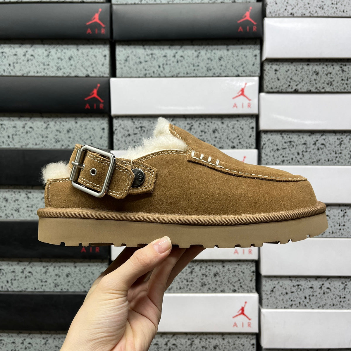 UGG Chestnut Buckle-Strap Clogs with Cream Plush Lining