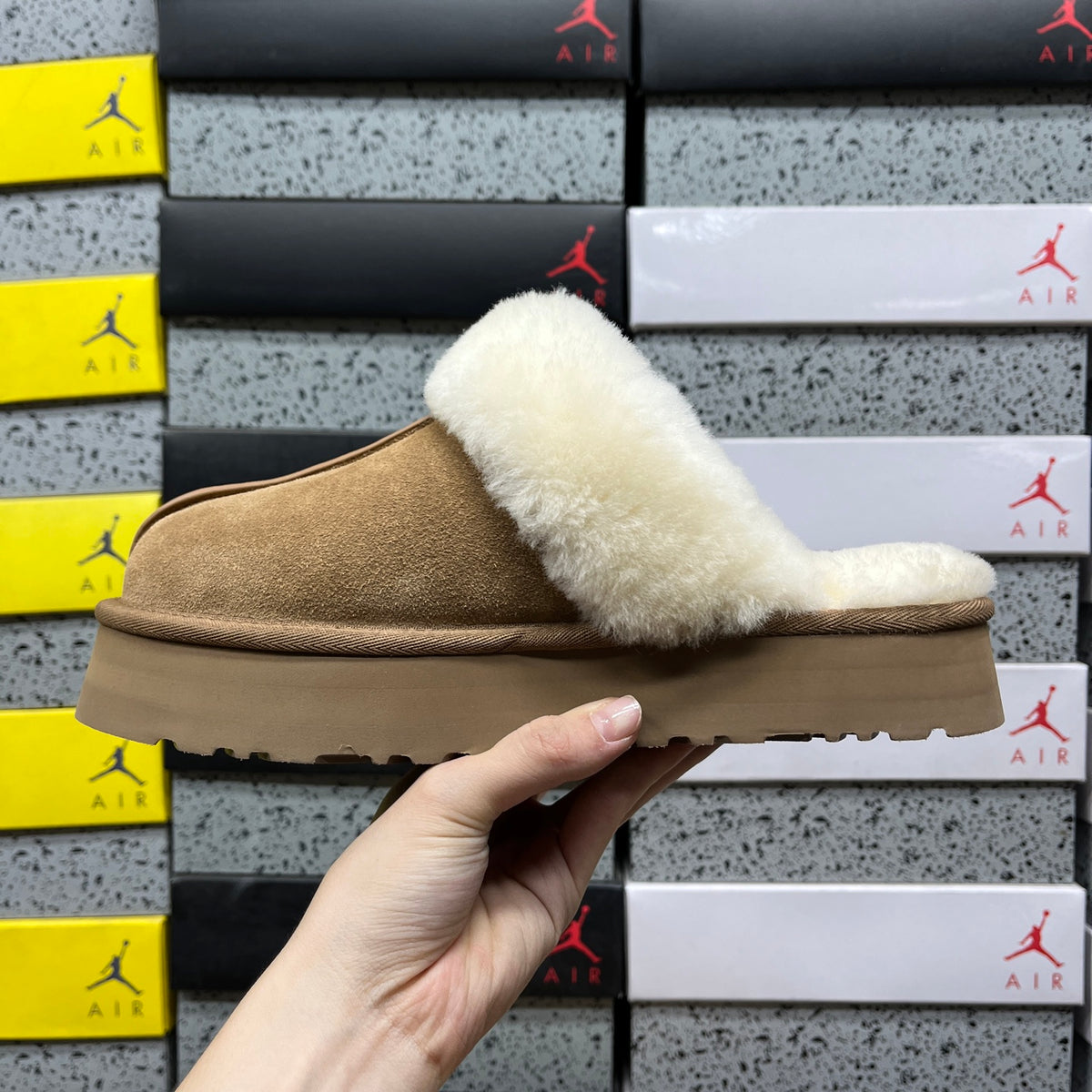 UGG Chestnut Platform Slippers with Cream Plush Collar