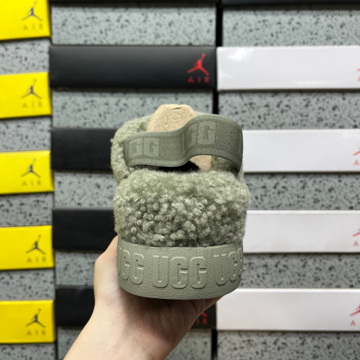 UGG Sage Green Plush Cross-Strap Platform Sandals with Heel Strap
