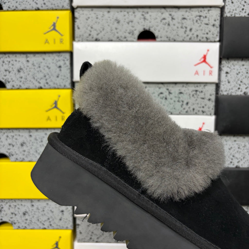 UGG Black Platform Slip-On Shoes with Grey Plush Collar