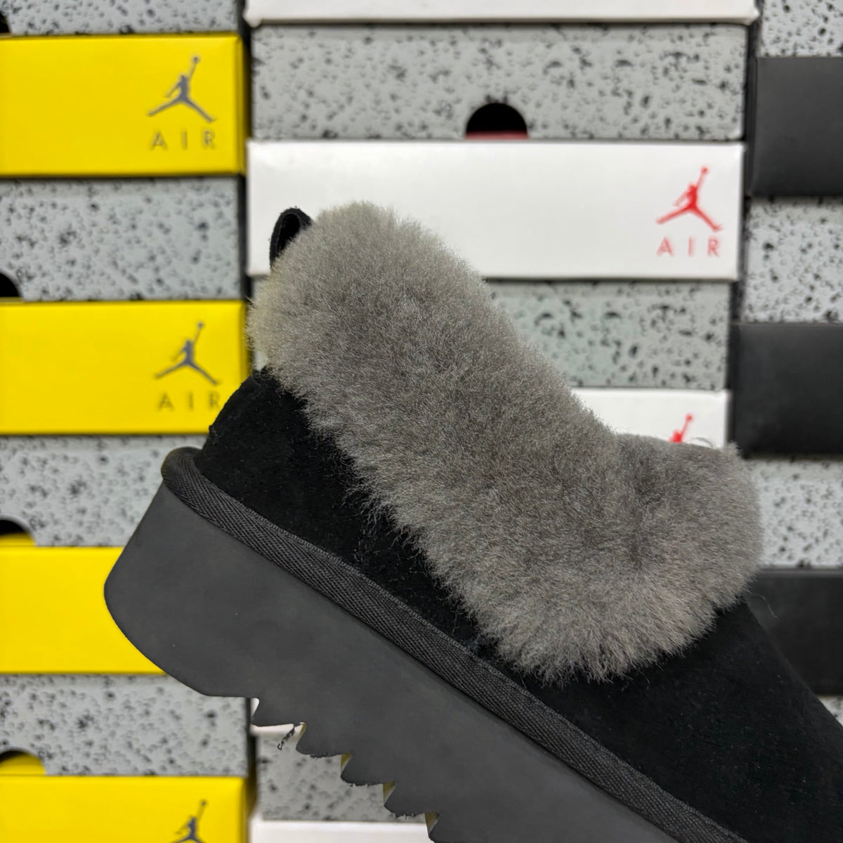 UGG Black Platform Slip-On Shoes with Grey Plush Collar